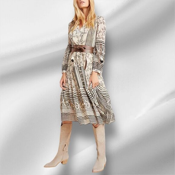 ANTHROPOLOGIE Women’s Talulah Tiered Midi Dress in the Size Small Neutral Motif - Picture 5 of 16